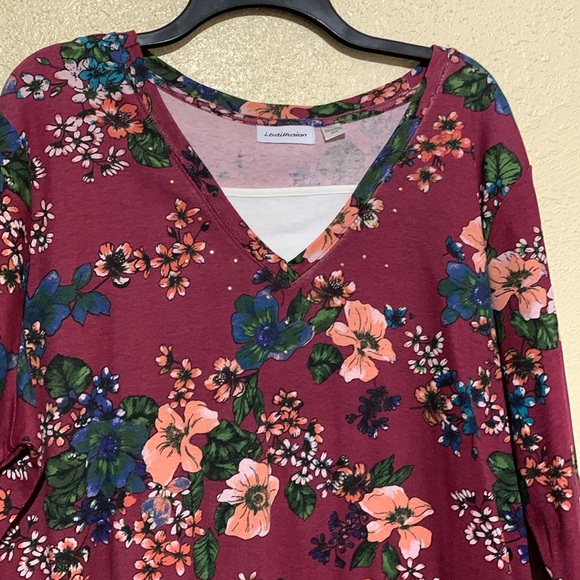 i.b.diffusion Top Blouse 2X Burgundy Red Blue Pink Floral Pullover Stretch - Picture 3 of 12